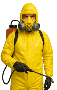 Услуги по дезинсекции, дезинфекции и дератизации (DDD) – оператор в жёлтом костюме с маской и опрыскивателем – Stop Insect Кишинёв