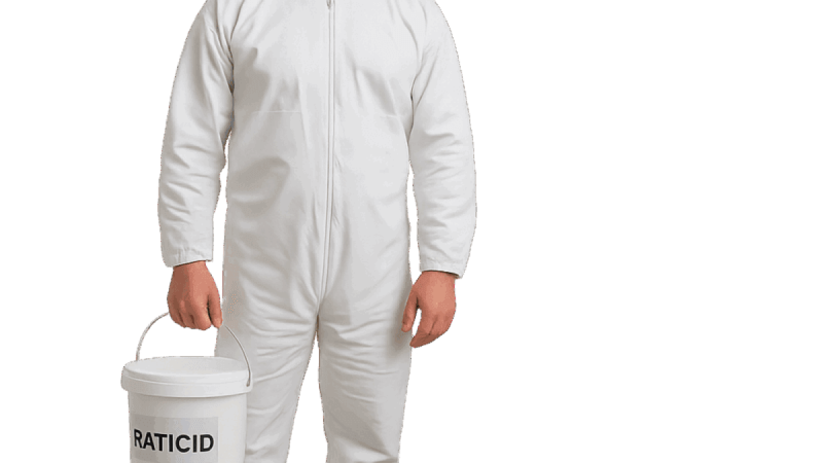 Servicii de deratizare șoareci și șobolani în Chișinău – operator Stop Insect cu găleată de raticid și stație de intoxicare profesională